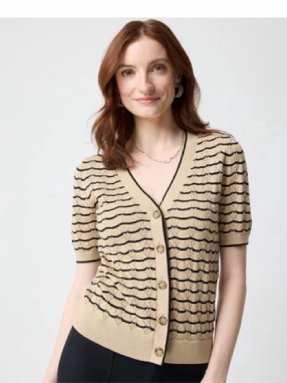 J. Crew Beige Short-Sleeve Knit Cardigan with Black Trim - Picture 3 of 6